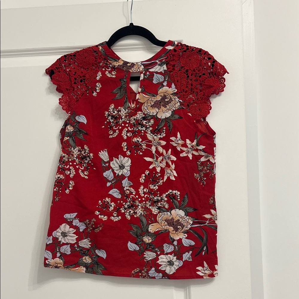 SHEIN Red Floral Lace Blouse